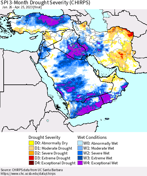 Middle East and Turkey SPI 3-Month Drought Severity (CHIRPS) Thematic Map For 1/26/2023 - 4/25/2023