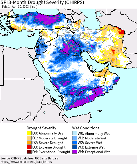 Middle East and Turkey SPI 3-Month Drought Severity (CHIRPS) Thematic Map For 2/1/2023 - 4/30/2023