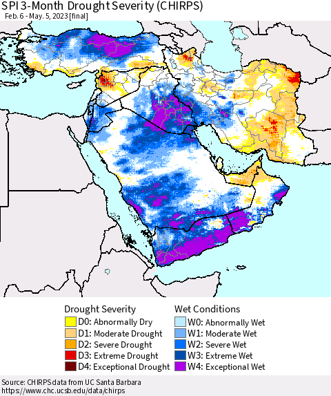 Middle East and Turkey SPI 3-Month Drought Severity (CHIRPS) Thematic Map For 2/6/2023 - 5/5/2023