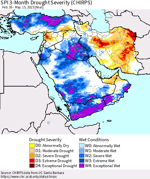 Middle East and Turkey SPI 3-Month Drought Severity (CHIRPS) Thematic Map For 2/16/2023 - 5/15/2023