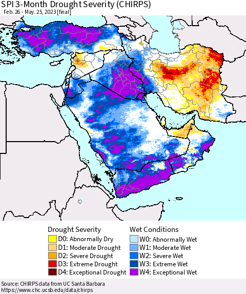 Middle East and Turkey SPI 3-Month Drought Severity (CHIRPS) Thematic Map For 2/26/2023 - 5/25/2023