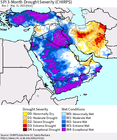 Middle East and Turkey SPI 3-Month Drought Severity (CHIRPS) Thematic Map For 3/1/2023 - 5/31/2023