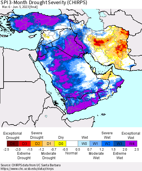Middle East and Turkey SPI 3-Month Drought Severity (CHIRPS) Thematic Map For 3/6/2023 - 6/5/2023