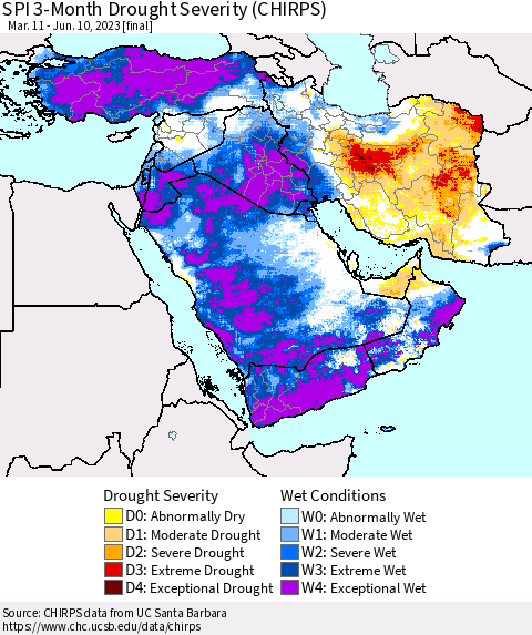 Middle East and Turkey SPI 3-Month Drought Severity (CHIRPS) Thematic Map For 3/11/2023 - 6/10/2023