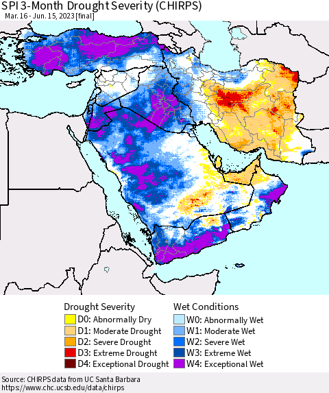 Middle East and Turkey SPI 3-Month Drought Severity (CHIRPS) Thematic Map For 3/16/2023 - 6/15/2023