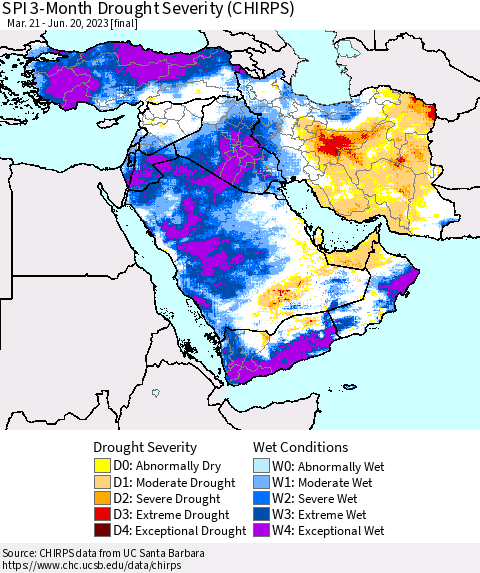 Middle East and Turkey SPI 3-Month Drought Severity (CHIRPS) Thematic Map For 3/21/2023 - 6/20/2023
