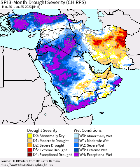 Middle East and Turkey SPI 3-Month Drought Severity (CHIRPS) Thematic Map For 3/26/2023 - 6/25/2023