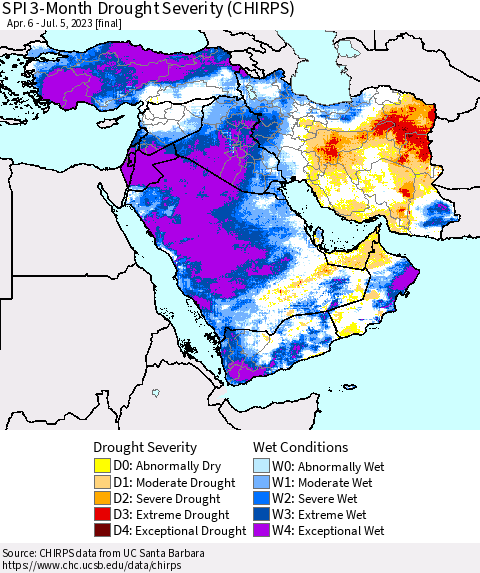 Middle East and Turkey SPI 3-Month Drought Severity (CHIRPS) Thematic Map For 4/6/2023 - 7/5/2023