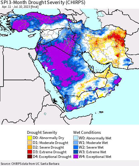 Middle East and Turkey SPI 3-Month Drought Severity (CHIRPS) Thematic Map For 4/11/2023 - 7/10/2023