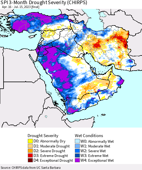 Middle East and Turkey SPI 3-Month Drought Severity (CHIRPS) Thematic Map For 4/16/2023 - 7/15/2023