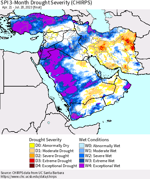 Middle East and Turkey SPI 3-Month Drought Severity (CHIRPS) Thematic Map For 4/21/2023 - 7/20/2023