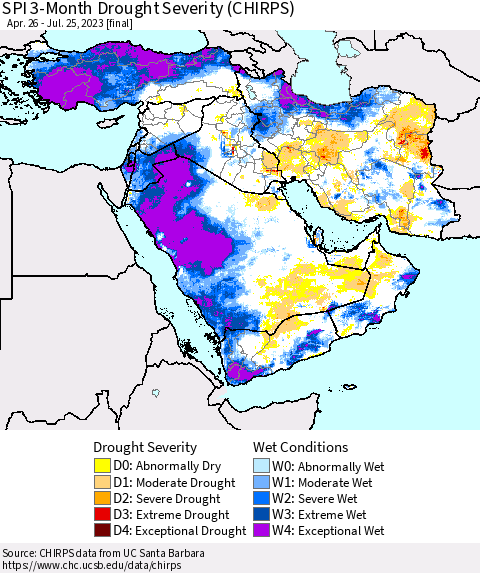 Middle East and Turkey SPI 3-Month Drought Severity (CHIRPS) Thematic Map For 4/26/2023 - 7/25/2023