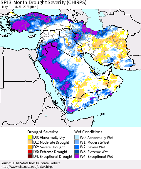 Middle East and Turkey SPI 3-Month Drought Severity (CHIRPS) Thematic Map For 5/1/2023 - 7/31/2023
