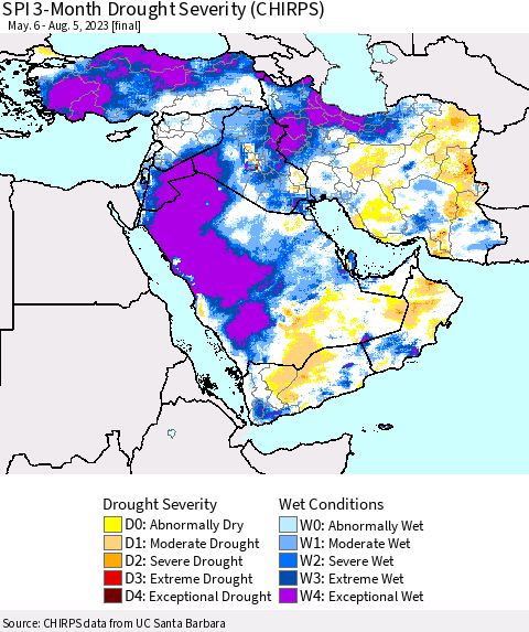 Middle East and Turkey SPI 3-Month Drought Severity (CHIRPS) Thematic Map For 5/6/2023 - 8/5/2023