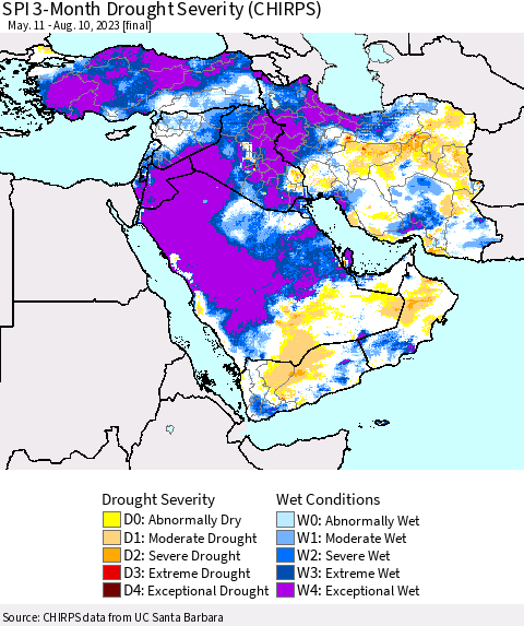 Middle East and Turkey SPI 3-Month Drought Severity (CHIRPS) Thematic Map For 5/11/2023 - 8/10/2023
