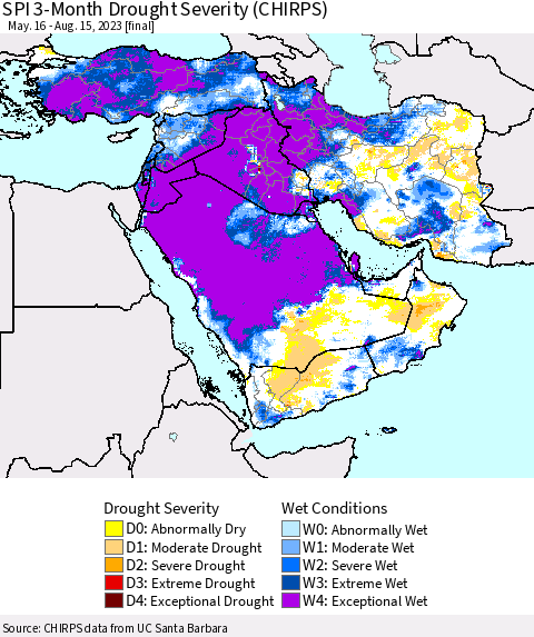 Middle East and Turkey SPI 3-Month Drought Severity (CHIRPS) Thematic Map For 5/16/2023 - 8/15/2023