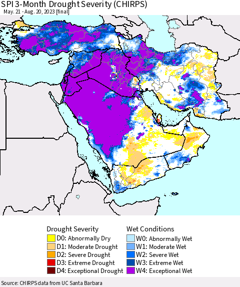 Middle East and Turkey SPI 3-Month Drought Severity (CHIRPS) Thematic Map For 5/21/2023 - 8/20/2023