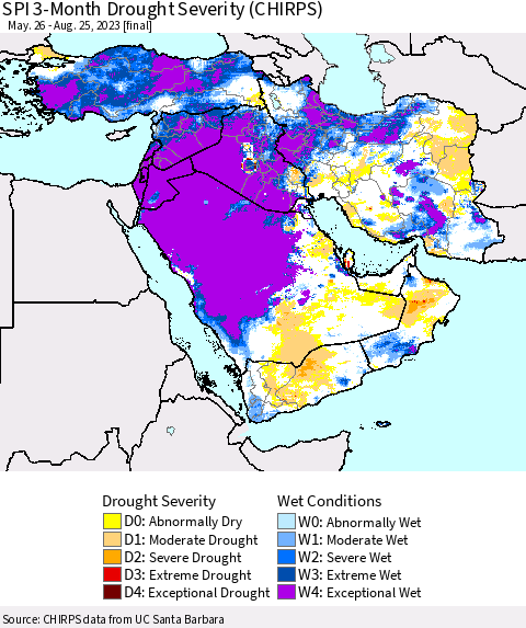 Middle East and Turkey SPI 3-Month Drought Severity (CHIRPS) Thematic Map For 5/26/2023 - 8/25/2023