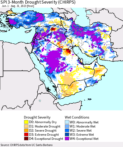 Middle East and Turkey SPI 3-Month Drought Severity (CHIRPS) Thematic Map For 6/1/2023 - 8/31/2023