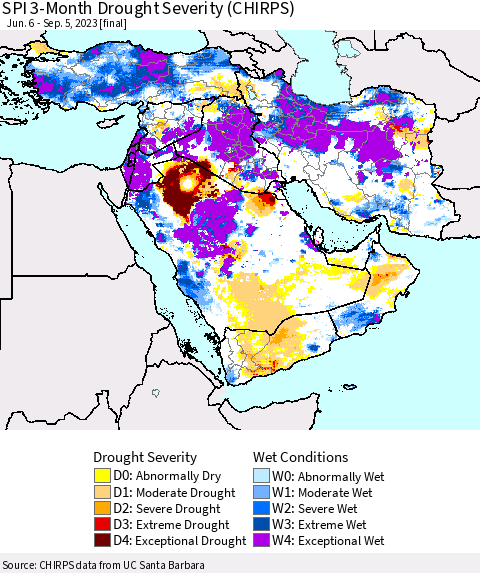 Middle East and Turkey SPI 3-Month Drought Severity (CHIRPS) Thematic Map For 6/6/2023 - 9/5/2023