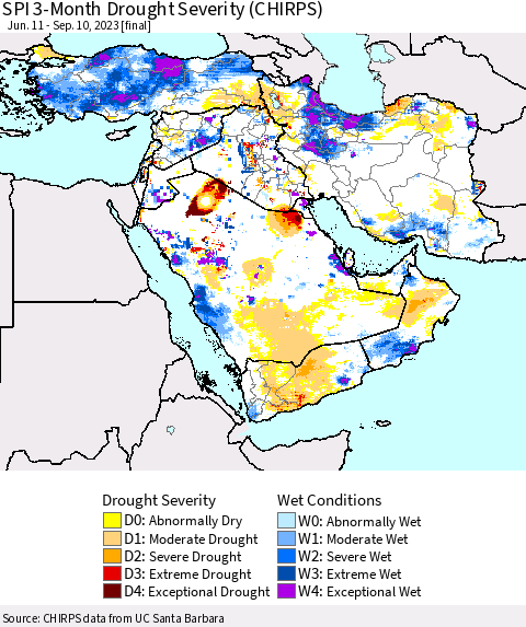 Middle East and Turkey SPI 3-Month Drought Severity (CHIRPS) Thematic Map For 6/11/2023 - 9/10/2023