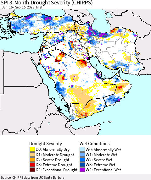Middle East and Turkey SPI 3-Month Drought Severity (CHIRPS) Thematic Map For 6/16/2023 - 9/15/2023