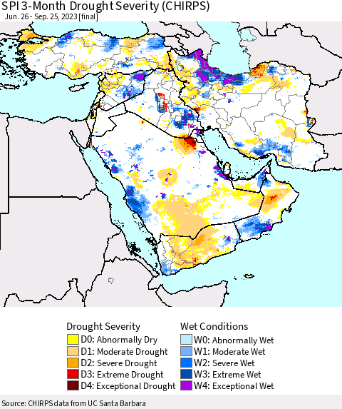 Middle East and Turkey SPI 3-Month Drought Severity (CHIRPS) Thematic Map For 6/26/2023 - 9/25/2023