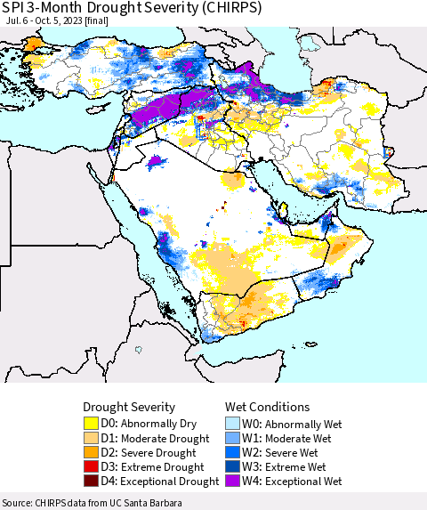 Middle East and Turkey SPI 3-Month Drought Severity (CHIRPS) Thematic Map For 7/6/2023 - 10/5/2023