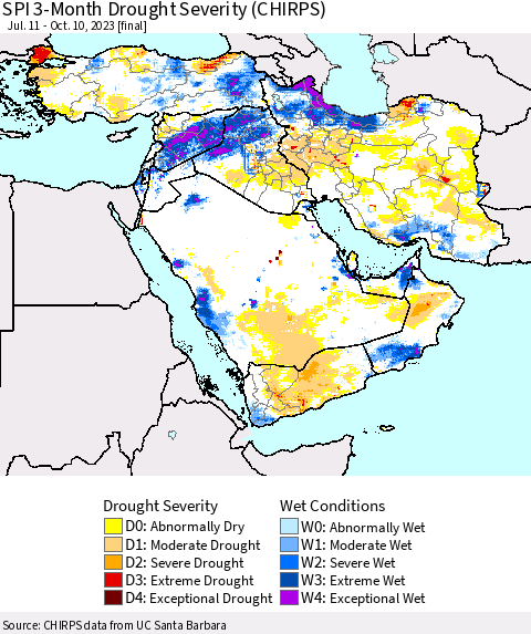 Middle East and Turkey SPI 3-Month Drought Severity (CHIRPS) Thematic Map For 7/11/2023 - 10/10/2023