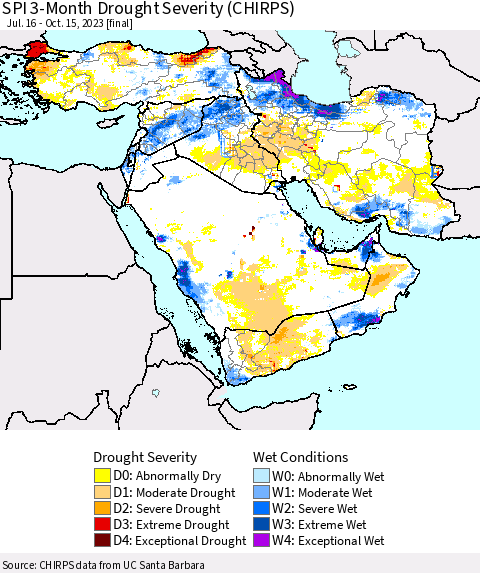 Middle East and Turkey SPI 3-Month Drought Severity (CHIRPS) Thematic Map For 7/16/2023 - 10/15/2023