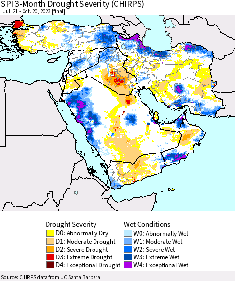 Middle East and Turkey SPI 3-Month Drought Severity (CHIRPS) Thematic Map For 7/21/2023 - 10/20/2023
