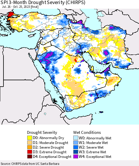 Middle East and Turkey SPI 3-Month Drought Severity (CHIRPS) Thematic Map For 7/26/2023 - 10/25/2023