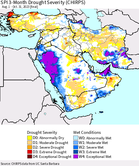 Middle East and Turkey SPI 3-Month Drought Severity (CHIRPS) Thematic Map For 8/1/2023 - 10/31/2023