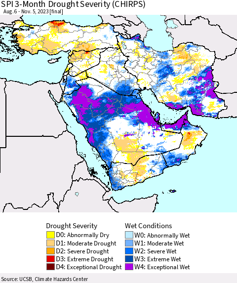 Middle East and Turkey SPI 3-Month Drought Severity (CHIRPS) Thematic Map For 8/6/2023 - 11/5/2023