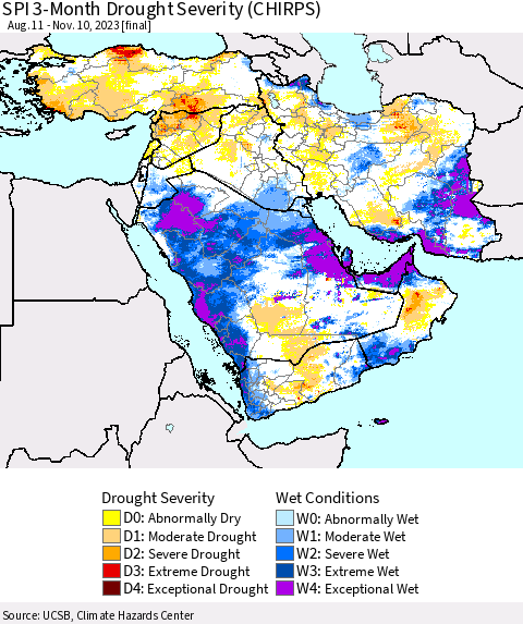 Middle East and Turkey SPI 3-Month Drought Severity (CHIRPS) Thematic Map For 8/11/2023 - 11/10/2023