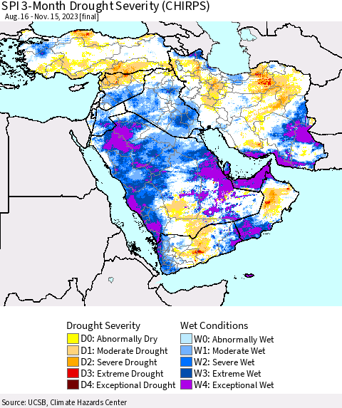 Middle East and Turkey SPI 3-Month Drought Severity (CHIRPS) Thematic Map For 8/16/2023 - 11/15/2023