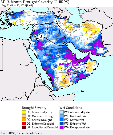 Middle East and Turkey SPI 3-Month Drought Severity (CHIRPS) Thematic Map For 8/21/2023 - 11/20/2023