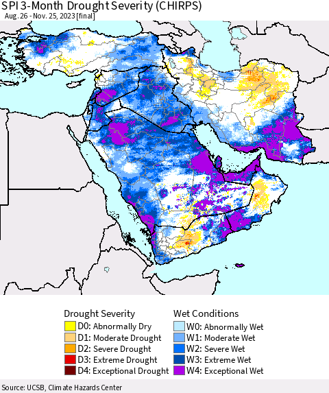 Middle East and Turkey SPI 3-Month Drought Severity (CHIRPS) Thematic Map For 8/26/2023 - 11/25/2023