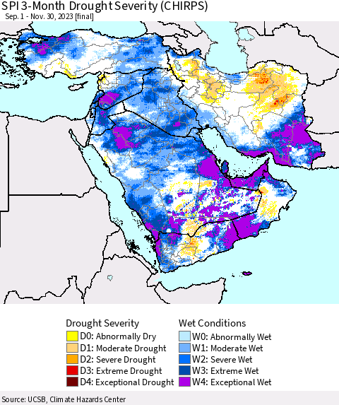 Middle East and Turkey SPI 3-Month Drought Severity (CHIRPS) Thematic Map For 9/1/2023 - 11/30/2023