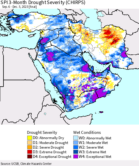 Middle East and Turkey SPI 3-Month Drought Severity (CHIRPS) Thematic Map For 9/6/2023 - 12/5/2023