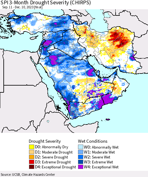 Middle East and Turkey SPI 3-Month Drought Severity (CHIRPS) Thematic Map For 9/11/2023 - 12/10/2023