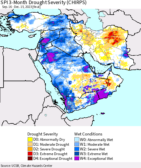 Middle East and Turkey SPI 3-Month Drought Severity (CHIRPS) Thematic Map For 9/16/2023 - 12/15/2023