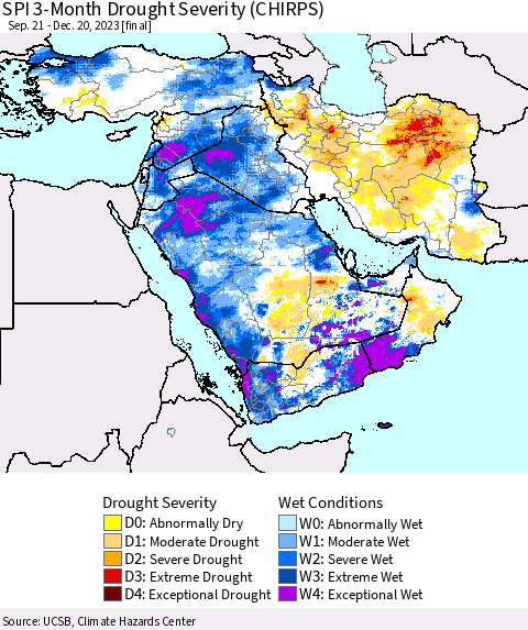Middle East and Turkey SPI 3-Month Drought Severity (CHIRPS) Thematic Map For 9/21/2023 - 12/20/2023