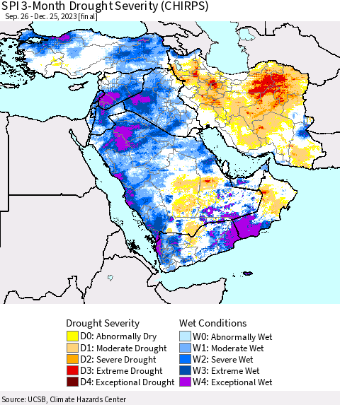 Middle East and Turkey SPI 3-Month Drought Severity (CHIRPS) Thematic Map For 9/26/2023 - 12/25/2023