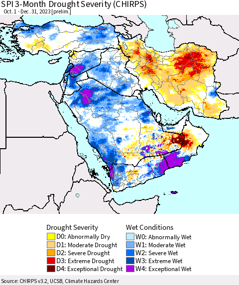 Middle East and Turkey SPI 3-Month Drought Severity (CHIRPS) Thematic Map For 10/1/2023 - 12/31/2023