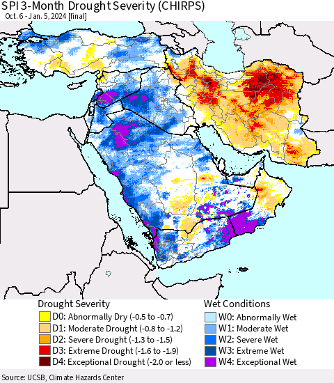 Middle East and Turkey SPI 3-Month Drought Severity (CHIRPS) Thematic Map For 10/6/2023 - 1/5/2024
