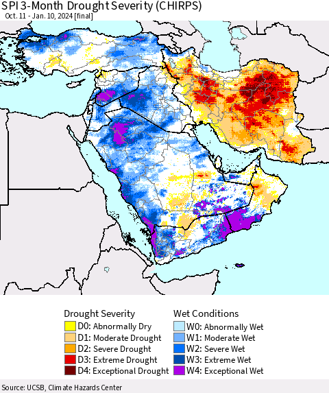 Middle East and Turkey SPI 3-Month Drought Severity (CHIRPS) Thematic Map For 10/11/2023 - 1/10/2024