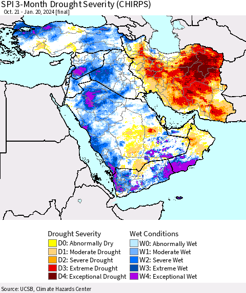 Middle East and Turkey SPI 3-Month Drought Severity (CHIRPS) Thematic Map For 10/21/2023 - 1/20/2024