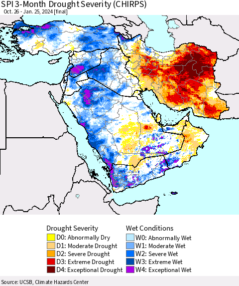 Middle East and Turkey SPI 3-Month Drought Severity (CHIRPS) Thematic Map For 10/26/2023 - 1/25/2024