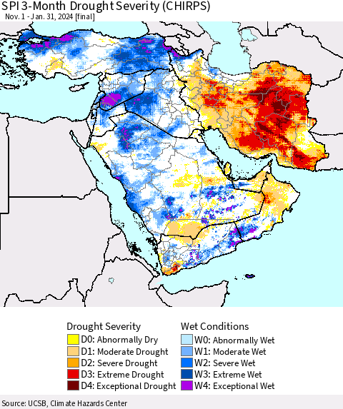 Middle East and Turkey SPI 3-Month Drought Severity (CHIRPS) Thematic Map For 11/1/2023 - 1/31/2024